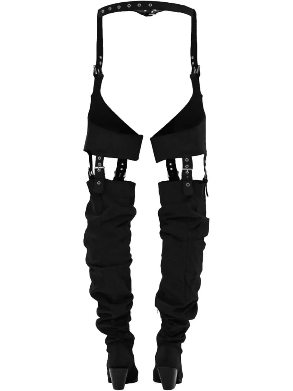 Women's Black Pointed Toe Belted Faux Suede Side Zipper Over The Knee High Boots